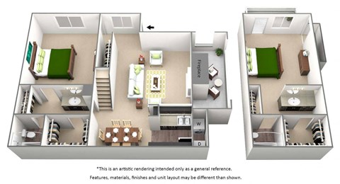 Floor plan for 2 beds, 2 baths, 1105 sqft